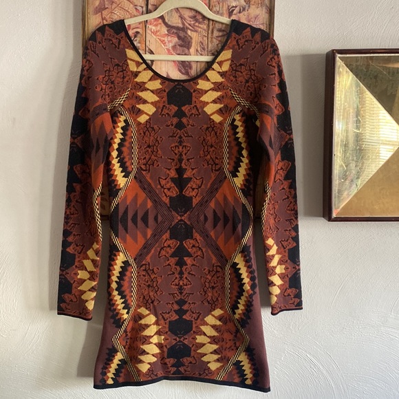 FREE PEOPLE SWEATER DRESS BOHO STRETCH BOHEMIAN PATTERN LONG SLV BODYCON DRESS L - Picture 3 of 17